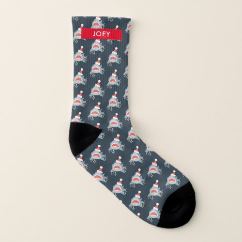 Shark Santa Claus Navy Blue Christmas Holiday Socks