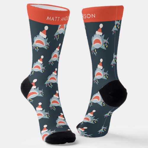 Shark Santa Claus Navy Blue Christmas Holiday Socks