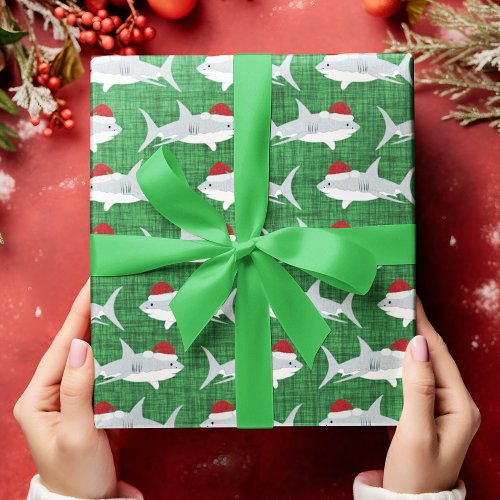 Shark Santa Green Fabric Look Background Wrapping Paper