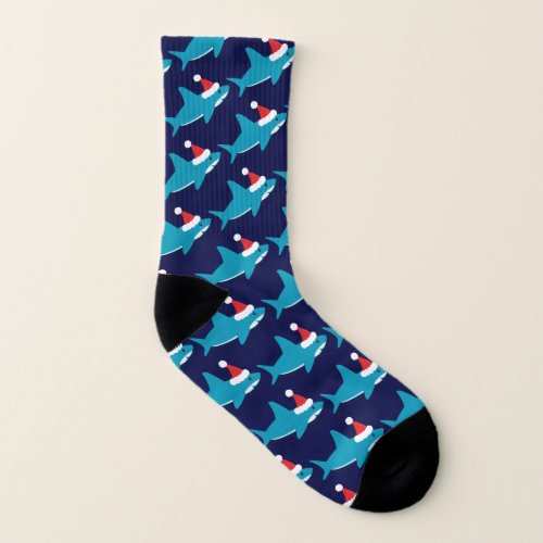 Shark Santa Hat Blue Holiday Christmas Socks