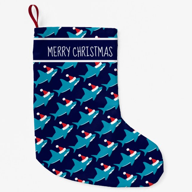 Shark Santa Hat Blue White Sharkmas Animal Small Christmas Stocking (Front)
