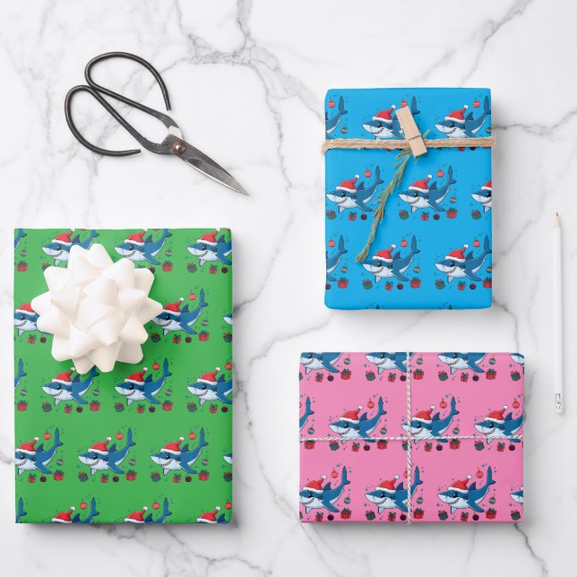 Shark Santa Hat Christmas Gift Wrapping Paper Sheets (Front)