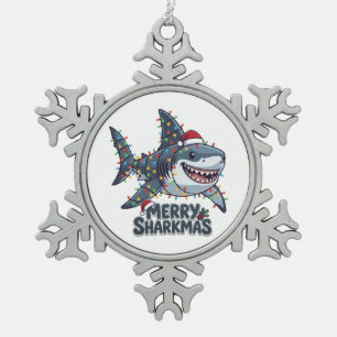 Shark Santa Hat Christmas Lights Merry Sharkmas Snowflake Pewter Christmas Ornament