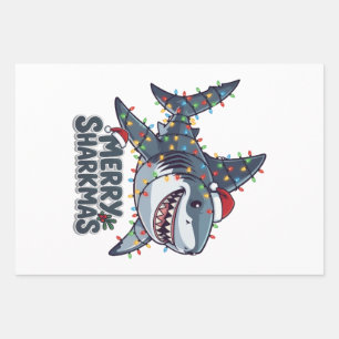Shark Santa Hat Christmas Lights Merry Sharkmas Wrapping Paper Sheets