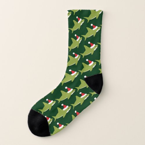 Shark Santa Hat Green Holiday Christmas Socks