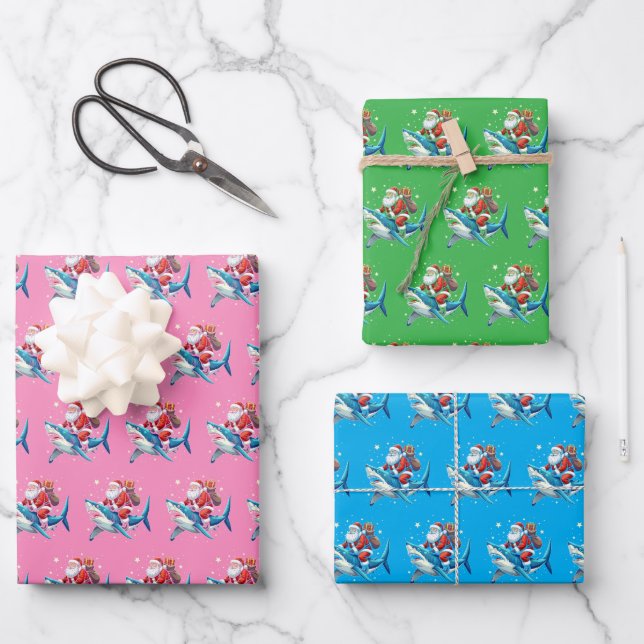 Shark Santa Hat Kids Girls Wrapping Paper (Front)