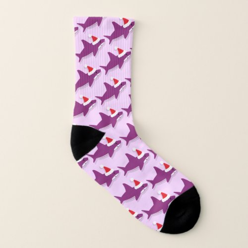 Shark Santa Hat Purple Holiday Christmas Socks