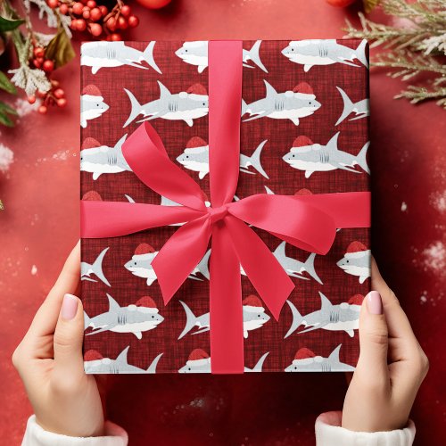 Shark Santa Red Fabric Look Background Wrapping Paper