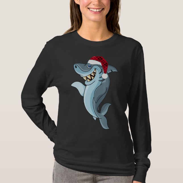 Shark Santa Tee Buffalo Plaid Shark Hat Christmas  (Front)