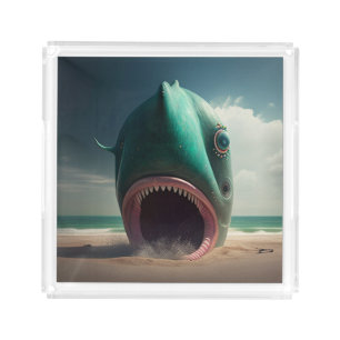Shark sculpture on the beach acrylic tray