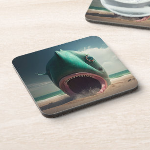 Shark sculpture on the beach beverage coaster
