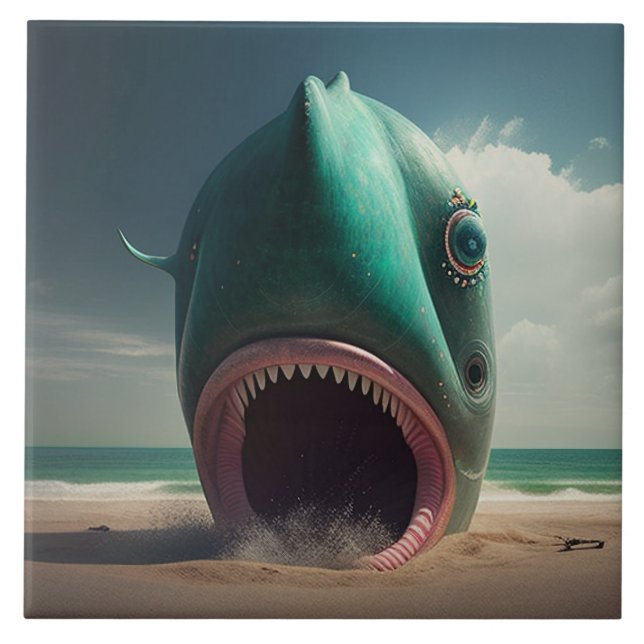 Shark sculpture on the beach ceramic tile (Front)