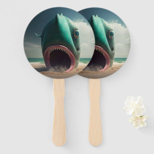 Shark sculpture on the beach hand fan