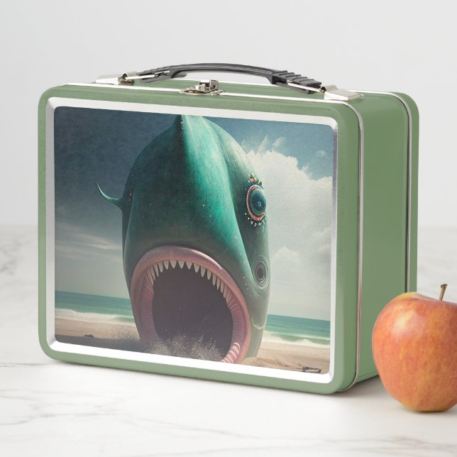 Shark sculpture on the beach metal lunch box (In Situ)