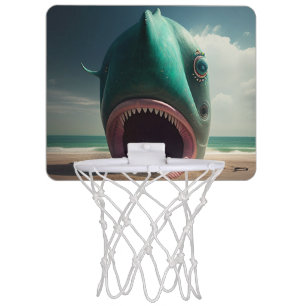 Shark sculpture on the beach mini basketball hoop