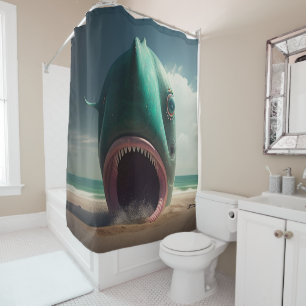 Shark sculpture on the beach shower curtain