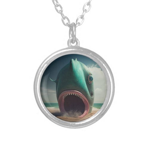 Shark sculpture on the beach silver plated necklace