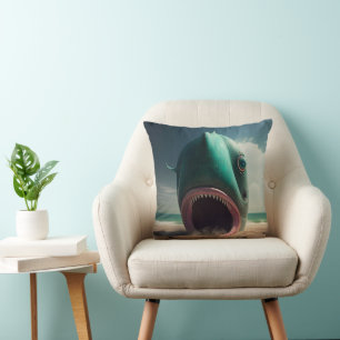 Shark sculpture on the beach throw pillow