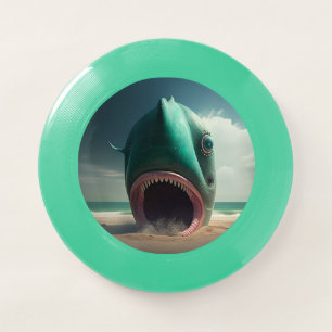 Shark sculpture on the beach Wham-O frisbee
