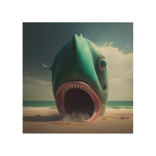 Shark sculpture on the beach wood wall art