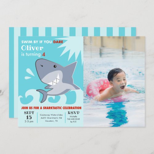 Shark Sharktastic Pool Birthday Party Photo Invitation