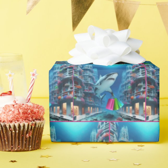 Shark Shopping In Underwater Downtown  Wrapping Paper (Birthday Party)