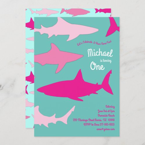 Shark Silhouette Cute Kids 1st Birthday Party Pink Invitation