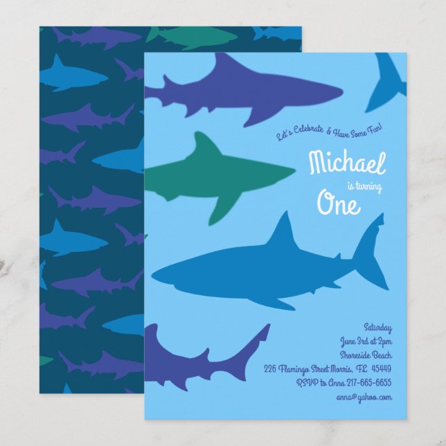 Shark Silhouettes Cute Kids 1st Birthday Party Invitation (Front/Back)