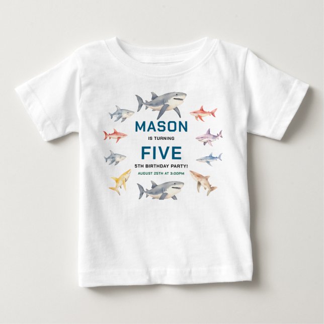 Shark Splash 5th Birthday Party | Cute Ocean Kids Baby T-Shirt (Front)
