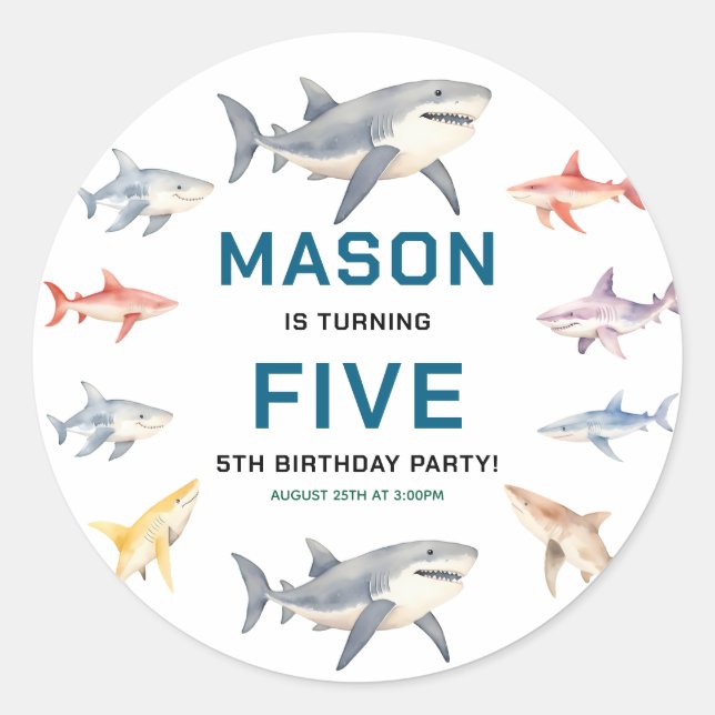 Shark Splash 5th Birthday Party | Cute Ocean Kids Classic Round Sticker (Front)