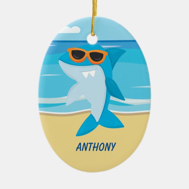 Shark Standing on Beach Ornament (Front)