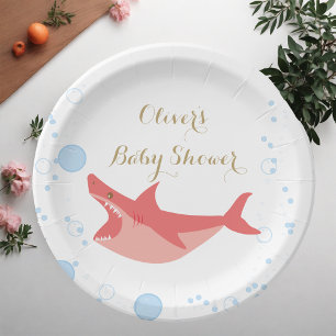 Shark Summer Red und Blue Bubbles Baby Shower Paper Plates