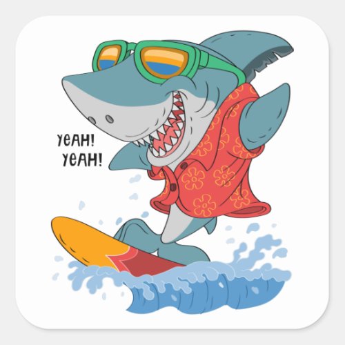 shark surfing square sticker