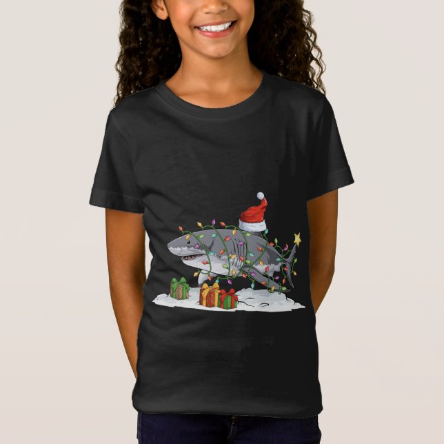 Shark surrounded by Christmas tree lights Christma T-Shirt (Front)