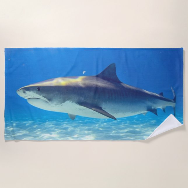 Shark Swimming Blue Ocean Water Beach Towel (Front)