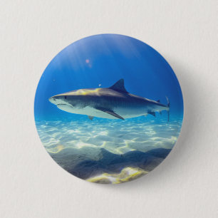 Shark Swimming Blue Ocean Water Button