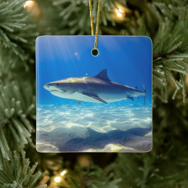 Shark Swimming Blue Ocean Water Ceramic Ornament (Tree)