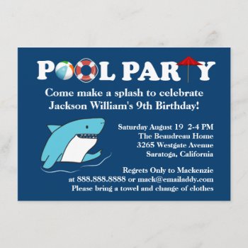Shark Swimming Pool Party Birthday Invitation by coastal_life at Zazzle