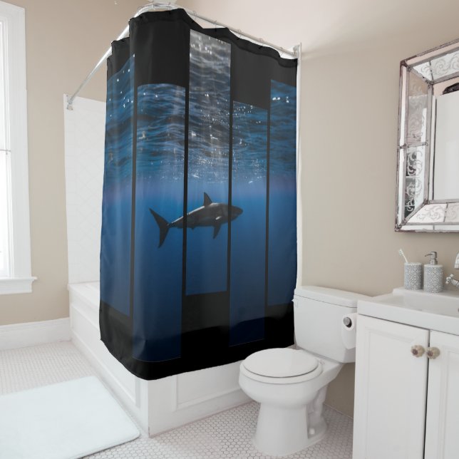 Shark Tank:  Blue and Black Shower Curtain (In Situ)