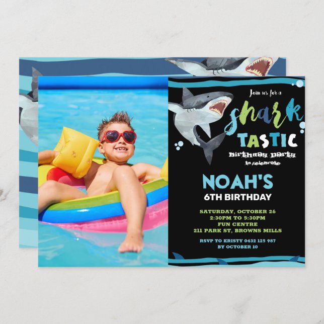 Shark-Tastic Birthday Party Shark Boys Pool Photo Invitation (Front/Back)