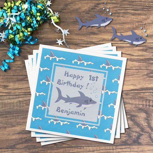 Shark Theme 1st Birthday Paper Napkins with Name