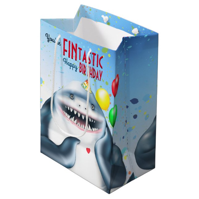 Shark Theme Fintastic Kids Birthday Medium Gift Bag (Front Angled)
