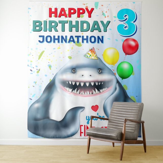 Shark Theme Fintastic Kids Birthday Party Backdrop (In Situ)