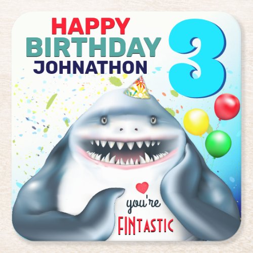 Shark Theme Fintastic Kids Birthday Square Paper Coaster