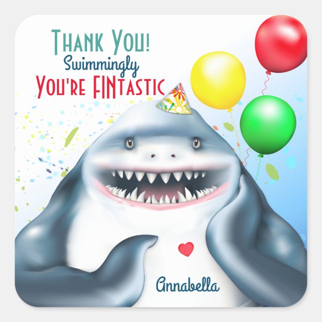 Shark Theme Fintastic Kids Birthday Thank You Square Sticker (Front)