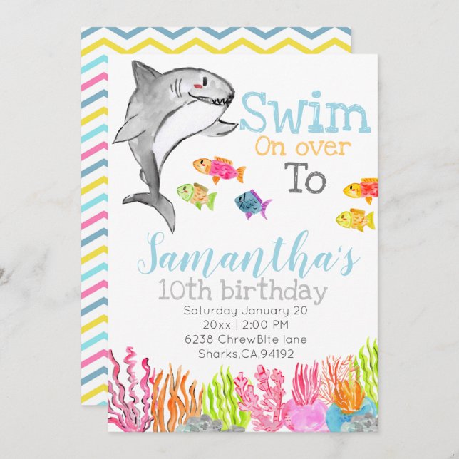 Shark theme kid birthday invitation (Front/Back)