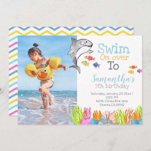 Shark theme kid birthday party invitation (Front/Back)