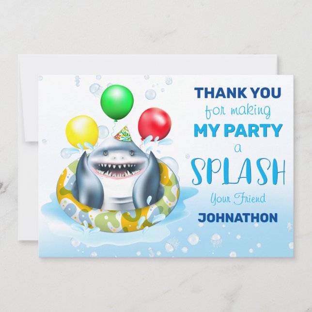 Shark Theme Kids Birthday Party Thank You Card (Front)