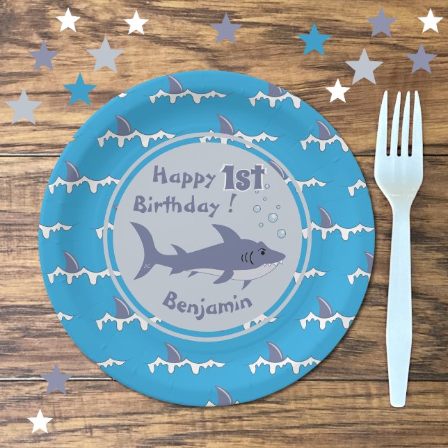 Shark Theme Personalized 1st Birthday Paper Plates (Don't forget to get matching napkins and cups ,)