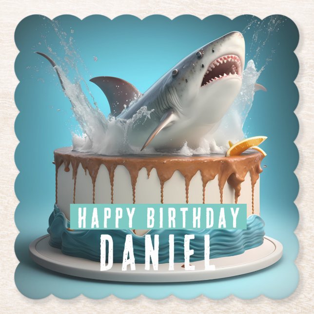 Shark themed Birthday Cake Paper Coaster (Front)